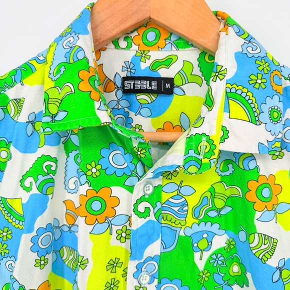 ST33LE Mens Short Sleeve Shirt Medium 100% Cotton Retro Mod Psychedelic Floral - Picture 6 of 12